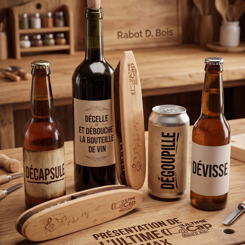 Décapsuleur et tire-bouchon en bois Ultime D-Cap Pro-Max fermé, montrant l'assemblage artisanal de noyer et d'érable, fabriqué par Rabot D. Bois.